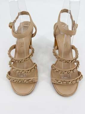 Chanel Sandals Chain Beige Leather Gold Ankle Strap Block Heel 36.5